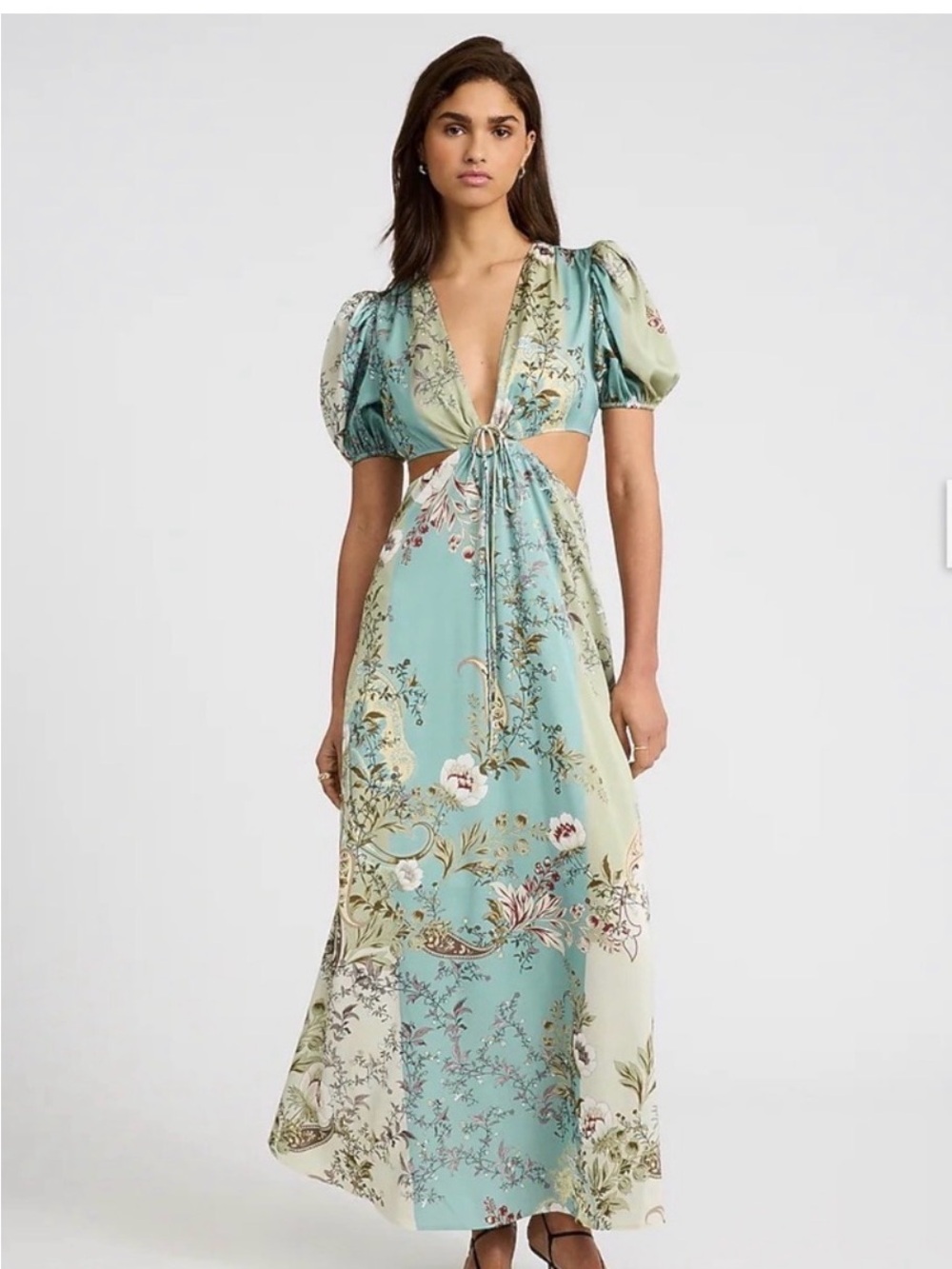 Satin Floral V-Neck Puff Sleeve Tie Front Cutout Maxi Dress, M